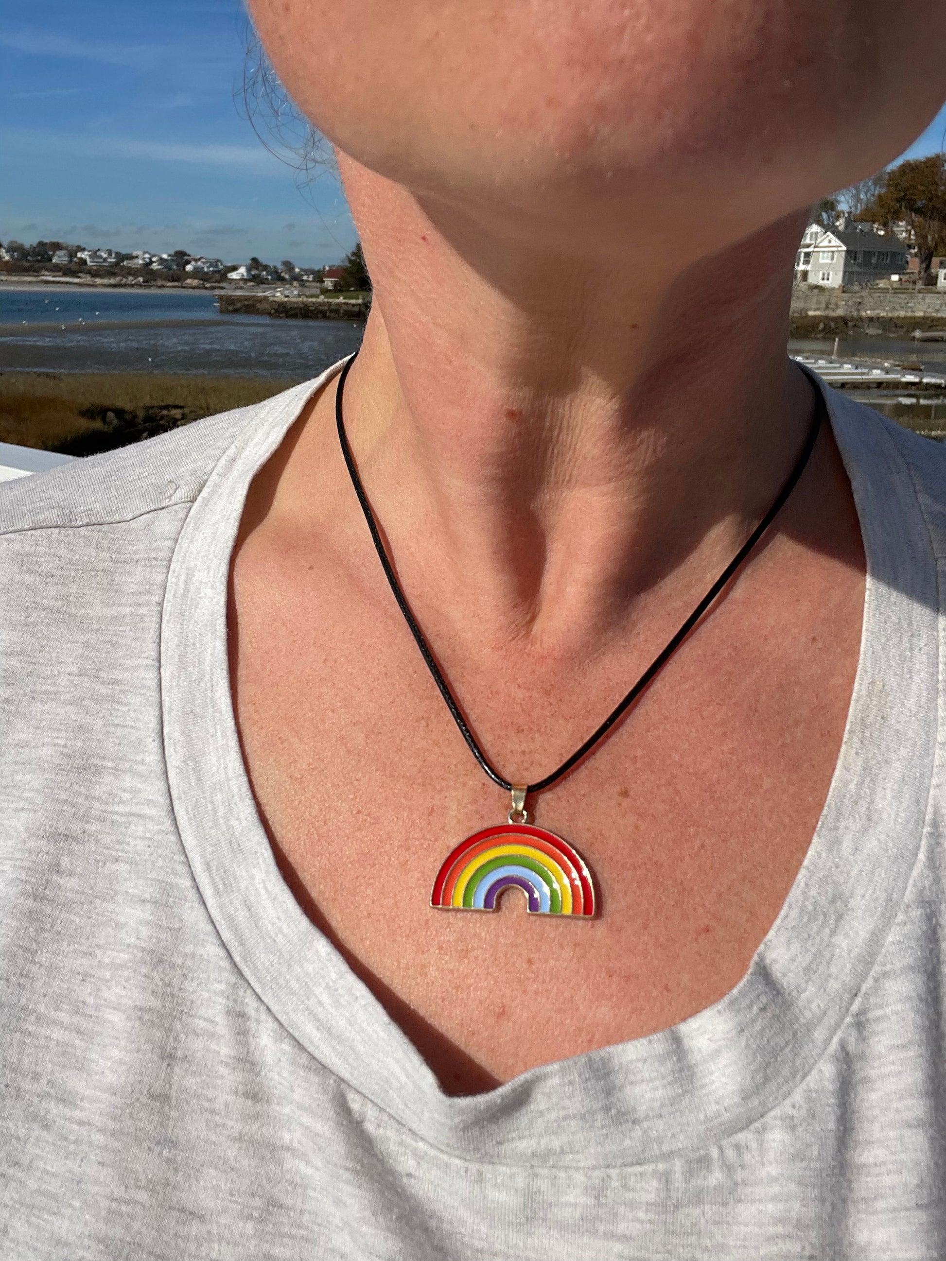 Rainbow necklace on a neck