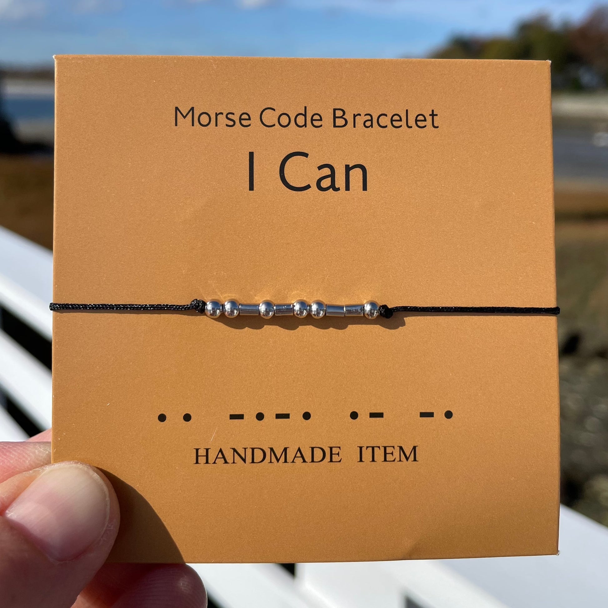 I Can Morse Code Bracelet on card stock backing