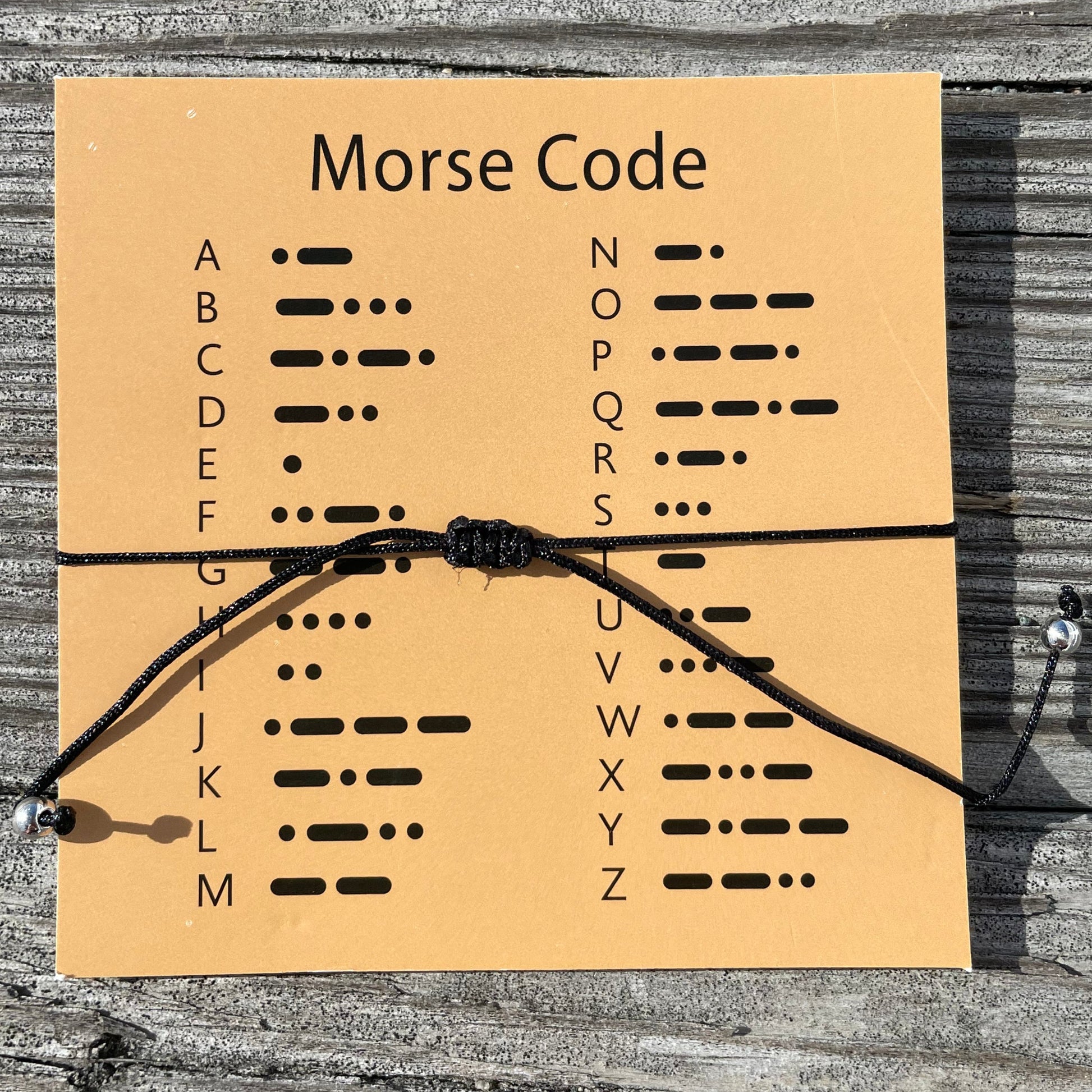 Back of card with morse code dot meanings for alphabet from A-Z